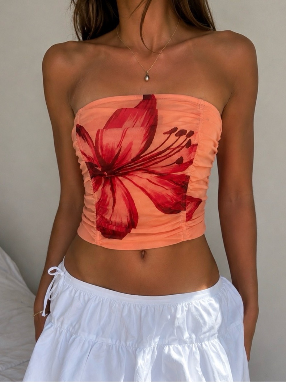 Sienna Sky Coral Floral Ruched Corset Top — Fits M
